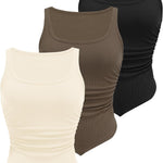 Nadorine Ribbed Tank Tops 3 Pack Scoop Neck Ruched Shirts