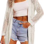 Nadorine Women 2024 Lightweight Crochet Cardigan Long Sleeve Open Front Knit Sweater Summer Kimono Cover Up with Pockets