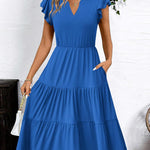 Nadorine Casual Ruffle Sleeve V Neck Midi Dress