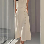 Loose Sleeveless Buttoned Pockets Solid Color Round-Neck Midi Dresses