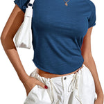 Zeagoo Womens Basic T-Shirts Crewneck Short Sleeve Curved Hem Summer Crop Tops Fitted Tees Y2k Clothing