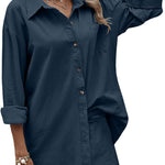 Women Two Piece Outfits Lounge Sets Cotton Long Sleeve Shirts and High Waisted Mini Shorts With Pockets - Nadorine (Us Only)