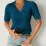 Nadorine Short Sleeve Sweaters Soft Casual V Neck Pullover Tops