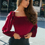 Womens Blouses Long Sleeve Crop Tops Square Neck Sexy Casual Slim Fitted Velvet Tops S-3XL - Nadorine (Us Only)