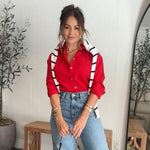 Nadorine Cotton Button Down Shirts Long Sleeve V Neck Tops