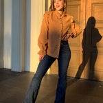Women Corduroy Shirts Long Sleeve Button Down Shacket Jacket Ruffle Blouses Top S-XXL - Nadorine (Us Only)