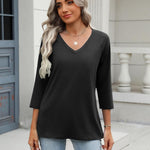 Nadorine 3/4 Length Sleeve Womens Tops Casual V Neck Shirts Soft Basic Tees Business Work Blouses