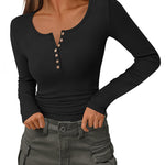 Slim Button Ribbed Knit Basic Tee Henley T Shirt (US Only)