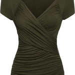 Nadorine Cross-Front V Neck Ruched Short Sleeve Blouses