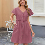 Nadorine Button Down Flutter Sleeve Cotton Linen Dress with Pockets