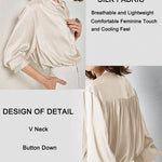 Women's Silk Button Down Shirts V Neck Long Sleeve Casual Work Office Blouse Top - Nadorine (Us Only)