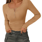 Slim Button Ribbed Knit Basic Tee Henley T Shirt (US Only)