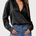 Nadorine Women Satin Button Down Shirt Long Sleeve Tops