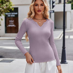 Nadorine Long Sleeve T Shirts Casual V Neck Ribbed Tunic Tops