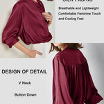 Women's Silk Button Down Shirts V Neck Long Sleeve Casual Work Office Blouse Top - Nadorine (Us Only)