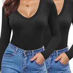 Nadorine 2 Pack Women's Long Sleeve V Neck Slim Fit T Shirts