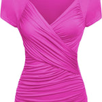 Nadorine Cross-Front V Neck Ruched Short Sleeve Blouses