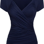Nadorine Cross-Front V Neck Ruched Short Sleeve Blouses