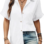 Nadorine Linen Shirts Cotton Short Sleeve V Neck Collared Blouses