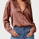 Nadorine Women Satin Button Down Shirt Long Sleeve Tops