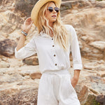 Women Two Piece Outfits Lounge Sets Cotton Long Sleeve Shirts and High Waisted Mini Shorts With Pockets - Nadorine (Us Only)