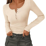 Slim Button Ribbed Knit Basic Tee Henley T Shirt (US Only)