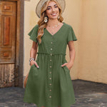 Nadorine Button Down Flutter Sleeve Cotton Linen Dress with Pockets