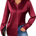 Nadorine Women's Satin Blouse Elegant V-Neck Silk Blouse (DE Only)