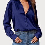 Nadorine Women Satin Button Down Shirt Long Sleeve Tops