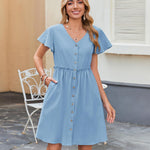 Nadorine Button Down Flutter Sleeve Cotton Linen Dress with Pockets