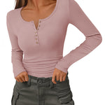 Slim Button Ribbed Knit Basic Tee Henley T Shirt (US Only)