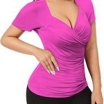 Nadorine Cross-Front V Neck Ruched Short Sleeve Blouses