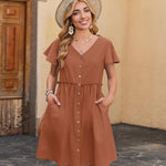 Nadorine Button Down Flutter Sleeve Cotton Linen Dress with Pockets
