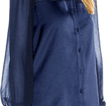 Womens V Neck Button Down Shirts Satin Silk Blouse Mesh Long Sleeve Casual Work Tops - Nadorine (Us Only)