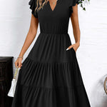 Nadorine Casual Ruffle Sleeve V Neck Midi Dress