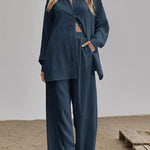 Women 2 Piece Outfits Sets Linen Button Down Long Sleeve Shirts and Wide Leg Pants Sets - Nadorine (Us Only)