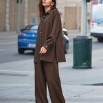 Women 2 Piece Outfits Sets Linen Button Down Long Sleeve Shirts and Wide Leg Pants Sets - Nadorine (Us Only)