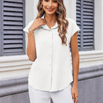 Nadorine Button Down Shirts Cap Sleeve V Neck Casual Blouses Tops