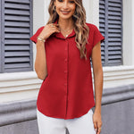 Nadorine Button Down Shirts Cap Sleeve V Neck Casual Blouses Tops