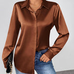 Nadorine Satin Blouses Casual Long Sleeve Button Down Silk Shirts