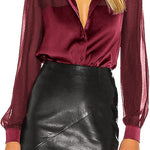 Womens V Neck Button Down Shirts Satin Silk Blouse Mesh Long Sleeve Casual Work Tops - Nadorine (Us Only)