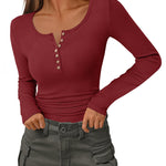 Slim Button Ribbed Knit Basic Tee Henley T Shirt (US Only)