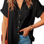 Nadorine Linen Shirts Cotton Short Sleeve V Neck Collared Blouses