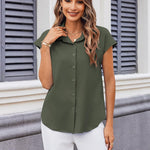 Nadorine Button Down Shirts Cap Sleeve V Neck Casual Blouses Tops