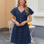 Nadorine Button Down Flutter Sleeve Cotton Linen Dress with Pockets