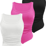 Nadorine Ribbed Tank Tops 3 Pack Scoop Neck Ruched Shirts