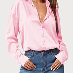 Nadorine Women Satin Button Down Shirt Long Sleeve Tops