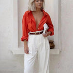 Nadorine Cotton Button Down Shirts Long Sleeve V Neck Tops