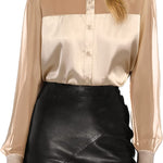 Womens V Neck Button Down Shirts Satin Silk Blouse Mesh Long Sleeve Casual Work Tops - Nadorine (Us Only)