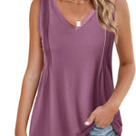 Nadorine Pleated Tank Tops Loose Fit V Neck Sleeveless Tops